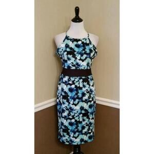Blue Floral Halter Neckline Midi ModCloth Dress with Sheer Waist by Roxberi